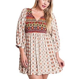 Umgee Boho Mixed Print Peasant Style Tunic Dress